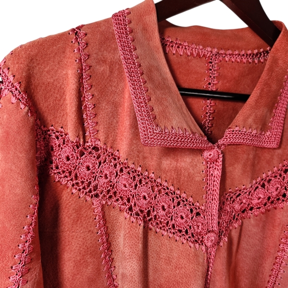 Vintage Suede Crochet Patchwork Jacket XL Boho Western Pink Coral Button Front - Picture 7 of 16